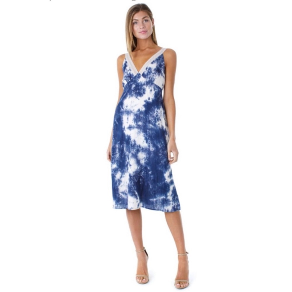 Line & Dot Blue Fay Lace Trim Dress‎ Babydoll Romantic Midi Size S
